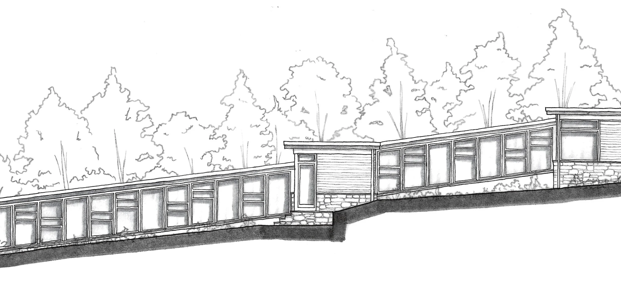 A black and white architectural sketch of a modern house with large windows and a sloped roof, set on a hillside with trees in the background.