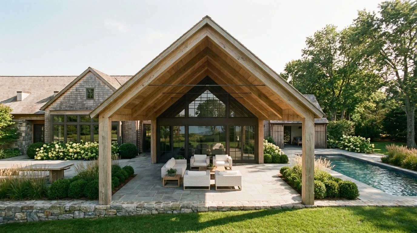 Modern house with wooden exterior, large glass doors, outdoor seating, landscaped yard, and swimming pool.