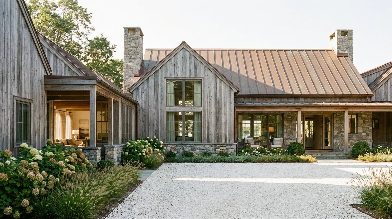 A rustic house with a stone and wood exterior, metal roof, and a front porch with outdoor seating, surrounded by landscaped garden and plants.