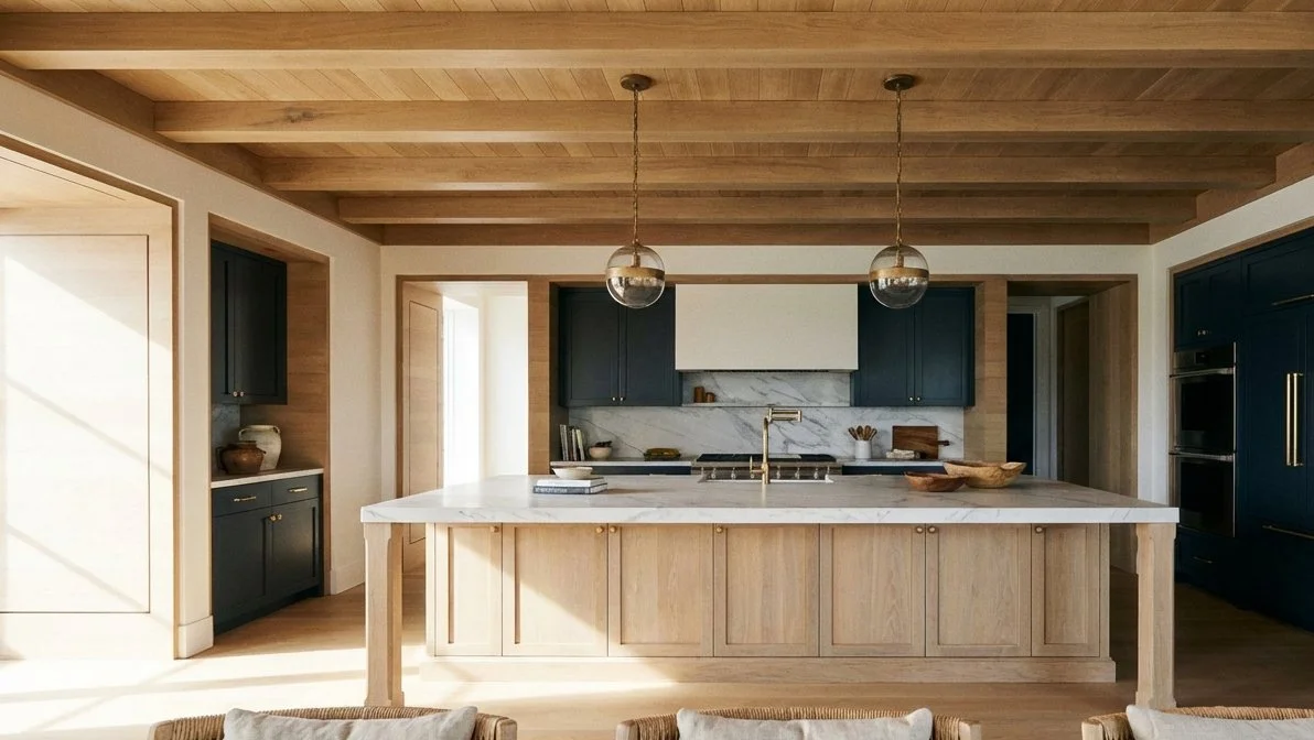 Modern kitchen with a large island featuring a marble countertop, dark blue cabinets, and pendant lighting above.