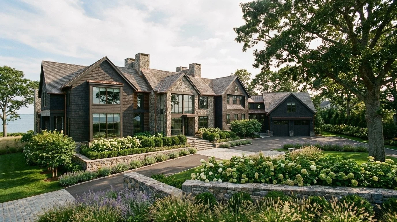 Large, luxurious modern house with stone and dark wood exterior, surrounded by well-maintained garden and large trees, under a partly cloudy sky.