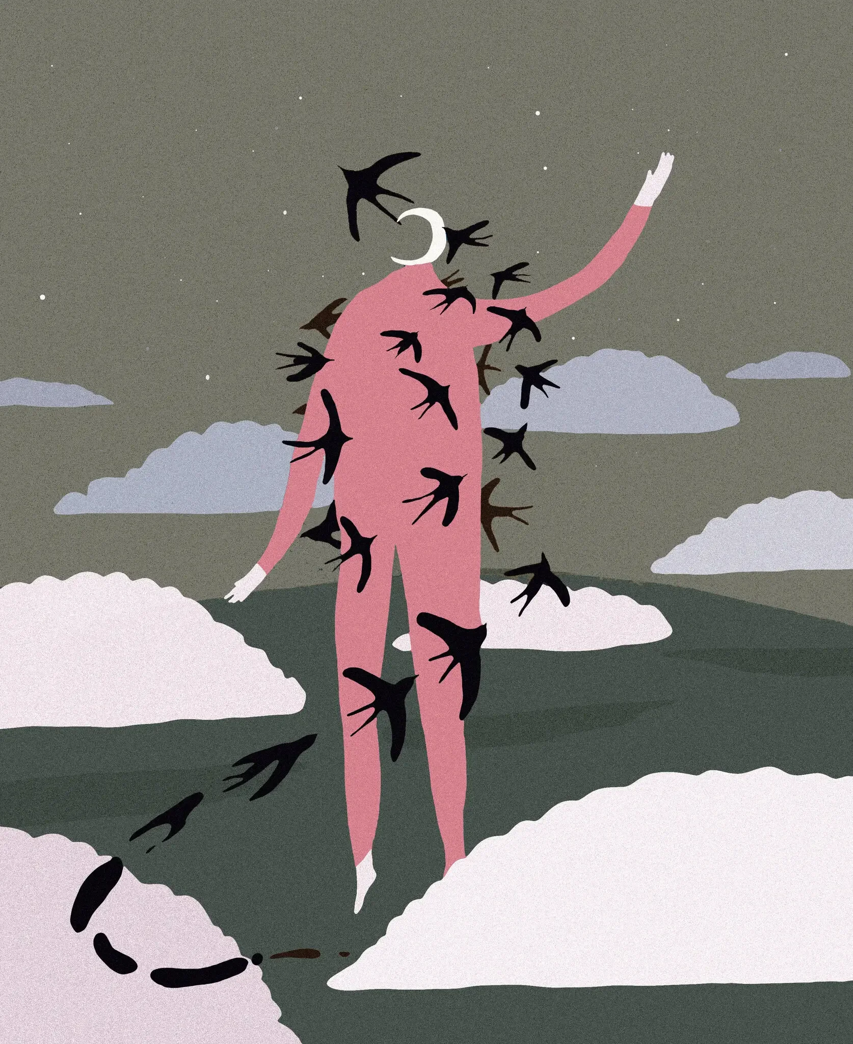 Illustration of a person with wings, standing on a hill among clouds, with black birds flying around and above them, set against a dark sky with stars and a crescent moon.