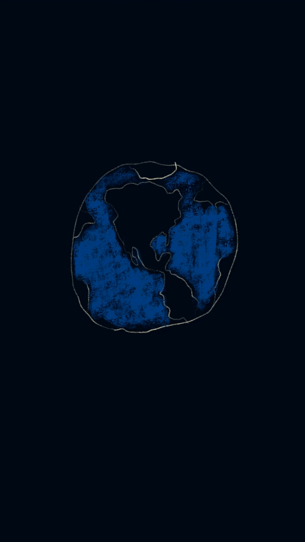 A digital illustration of the Earth with a blue and black color scheme, showing continents outlined in white on a dark background.