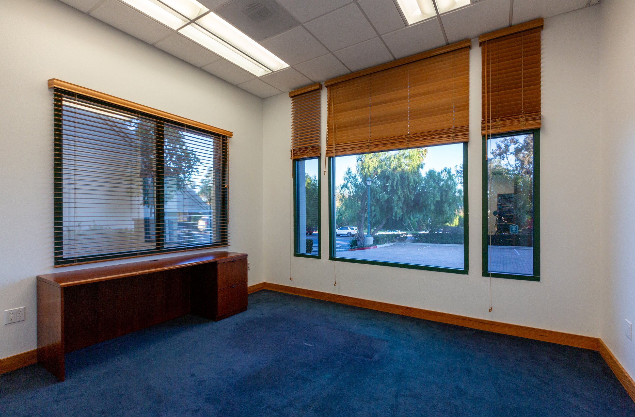 Empty office room with wooden blinds on windows, blue carpet, white walls, and a wooden desk along one wall.