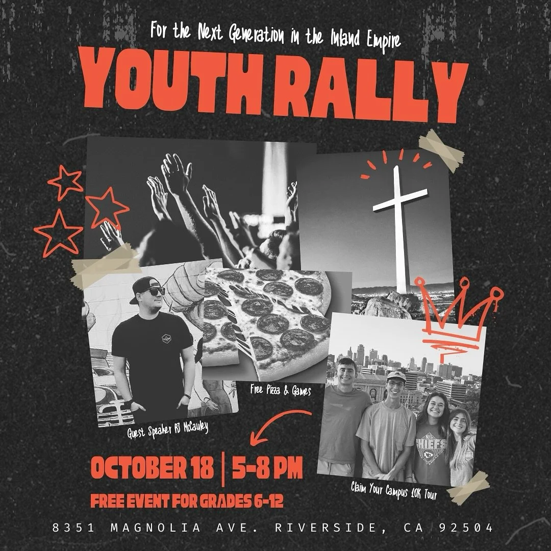 YOUTH RALLY: Calling all youth groups and Christian clubs! The next Youth Rally is in the Inland Empire on Saturday, October 18, 2025, from 5-8pm at Magnolia Church in Riverside, CA! 
Revival is in the air, so we are gathering together to pray with
