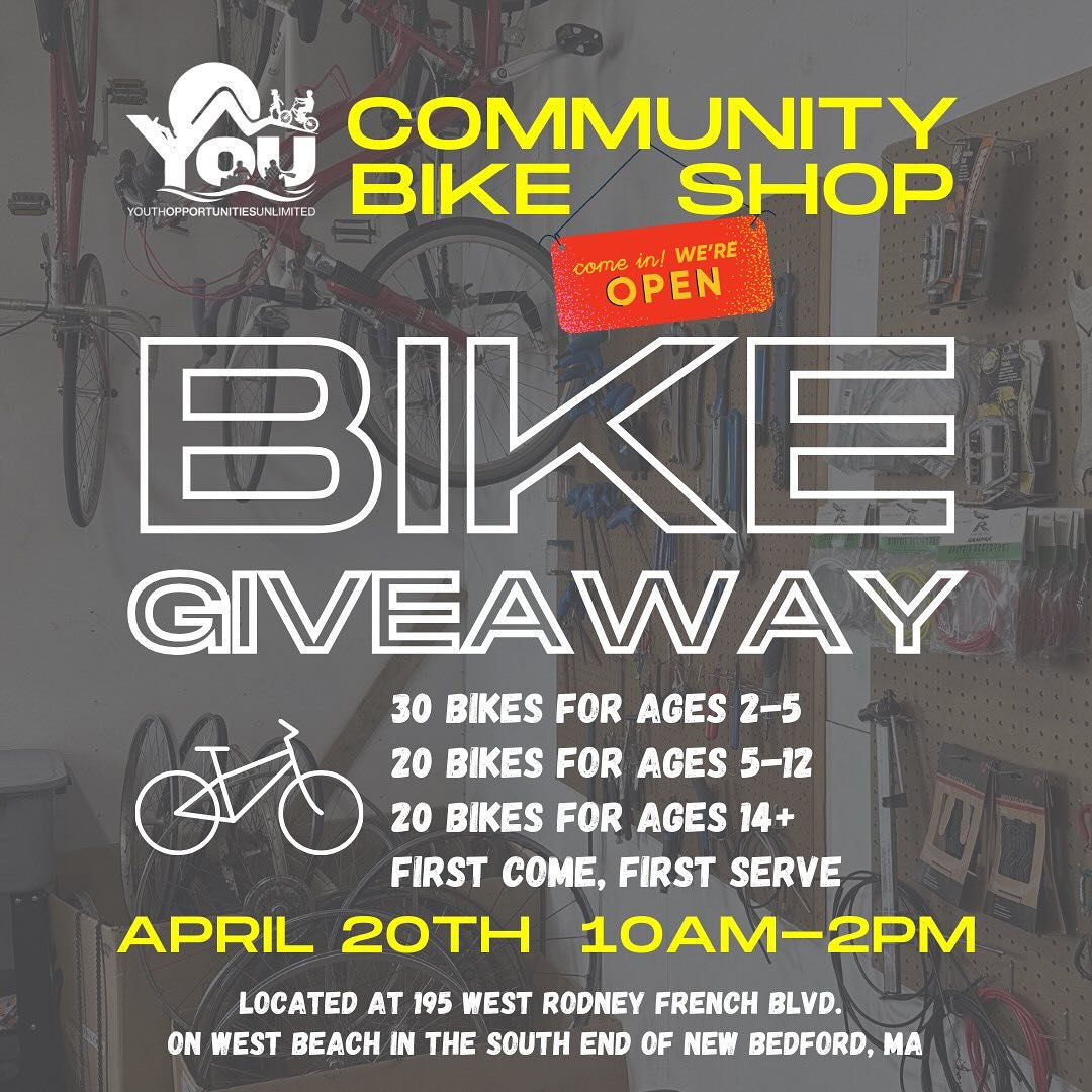 🚲📣 Join us this weekend for our Bike Giveaway event, open to everyone! Drop by our Community Bike Shop this Saturday, April 20th, between 10 am and 2 pm. We&rsquo;ve got bikes for ages 2-14+ and helmets waiting for you, first come, first served. Fi