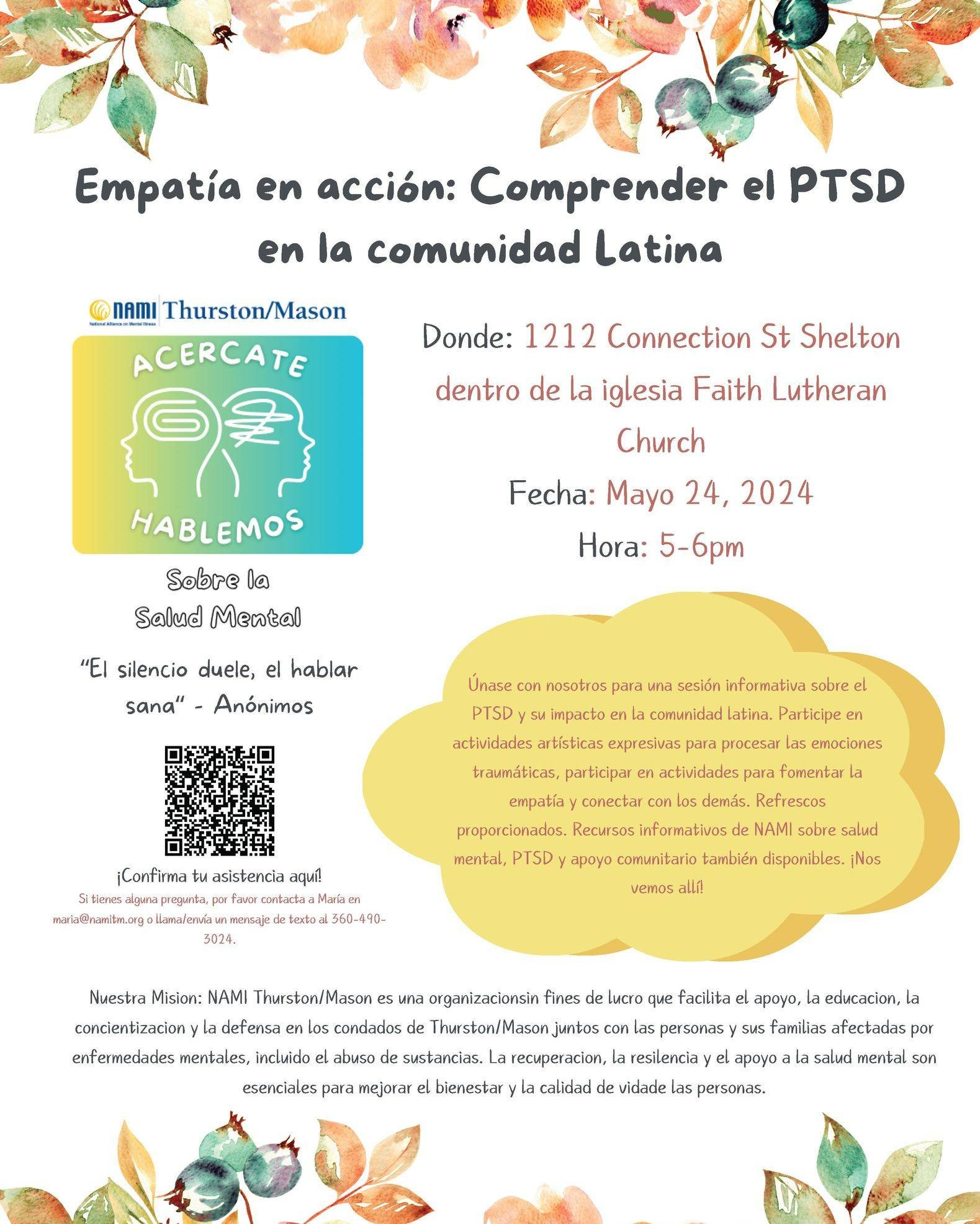 &Uacute;nase con NAMI Thurston/Mason para una sesi&oacute;n informativa sobre el PTSD y su impacto en la comunidad latina. Recursos informativos de NAMI sobre saludmental, PTSD y apoyo comunitario tambi&eacute;n disponibles. &iexcl;Nosvemos all&iacut