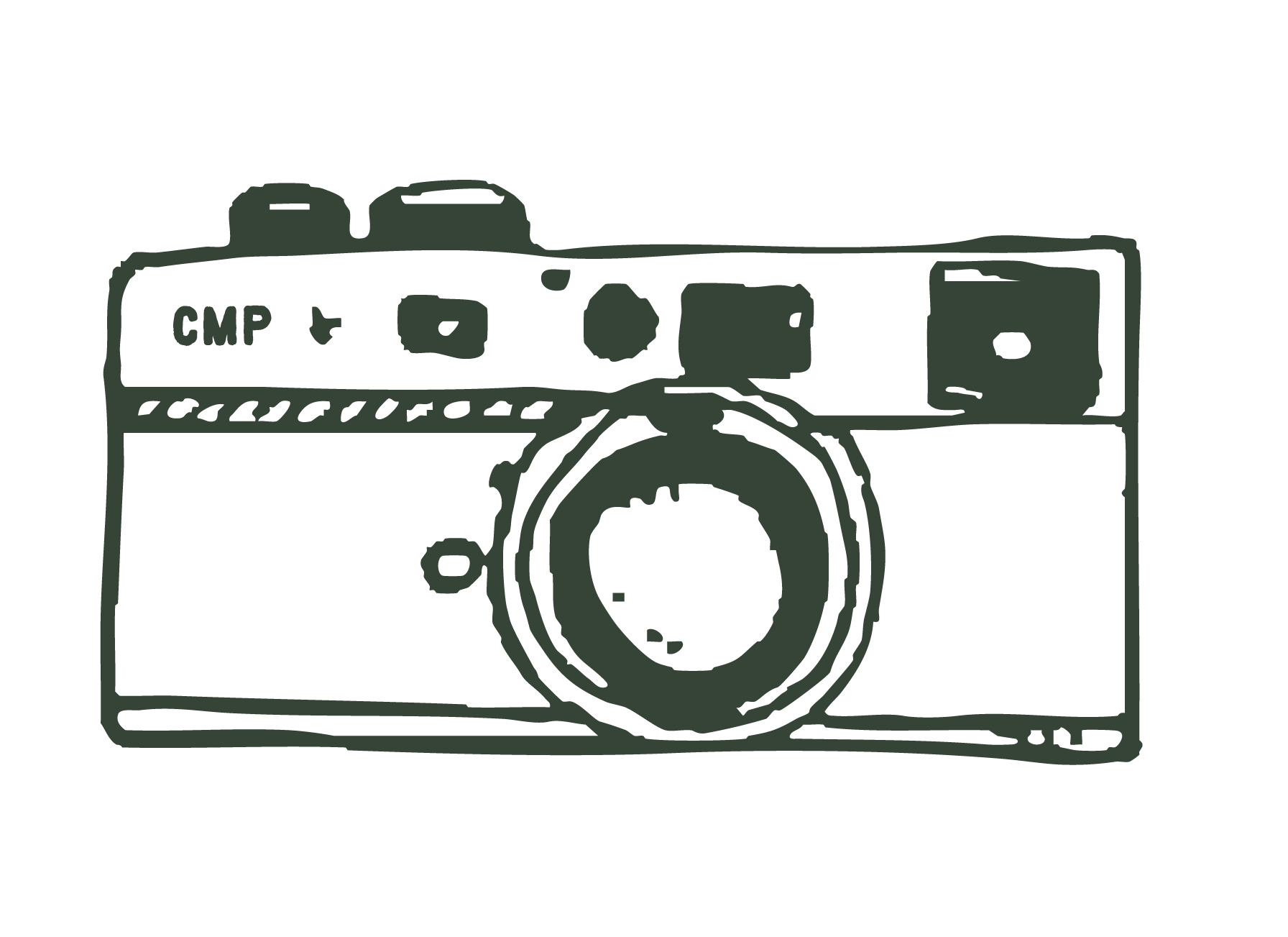 A black and white line drawing of a vintage camera with labels CMP and a plus sign on the top left.