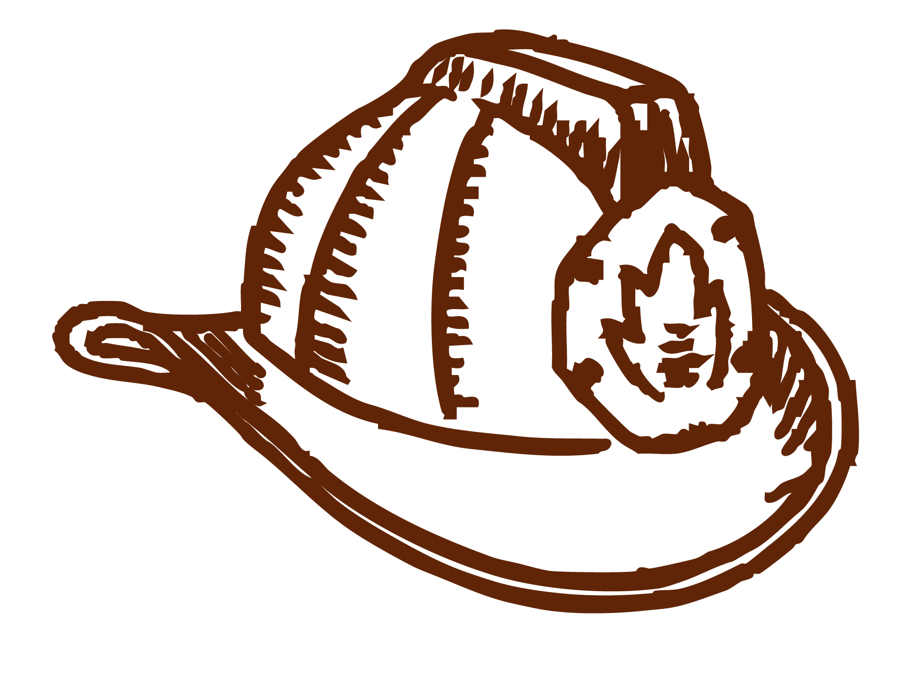 A brown line drawing of a snail shell with a small snail inside it.