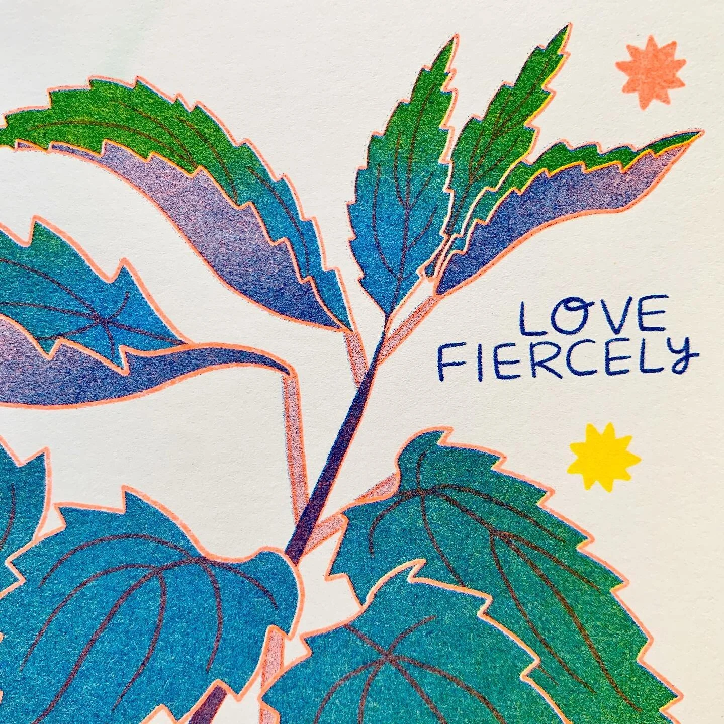 Love day vibes 💘 one of those prints where photos can&rsquo;t fully capture the glory of the *fluorescent orange* riso ink 🔸🔸🔸🔸
.
.
.
.
.
.
#risograph #RisoPrint #risography #nettle #nettles #plants