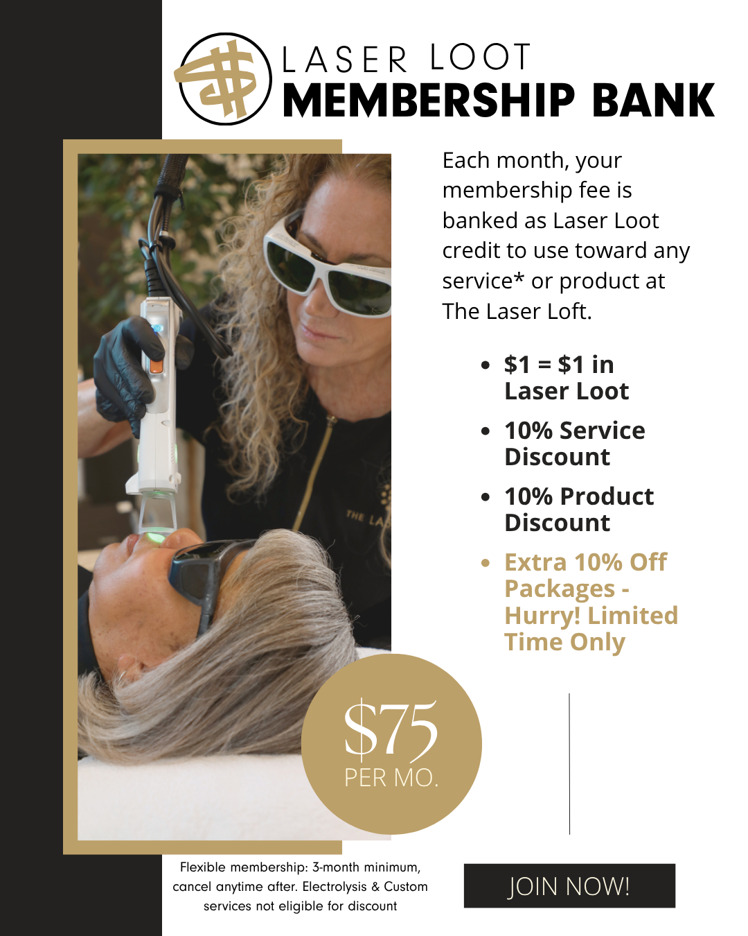 Laser Loft technician performing professional laser hair removal treatment during Laser Loot Membership promotion offering 10% off products and services