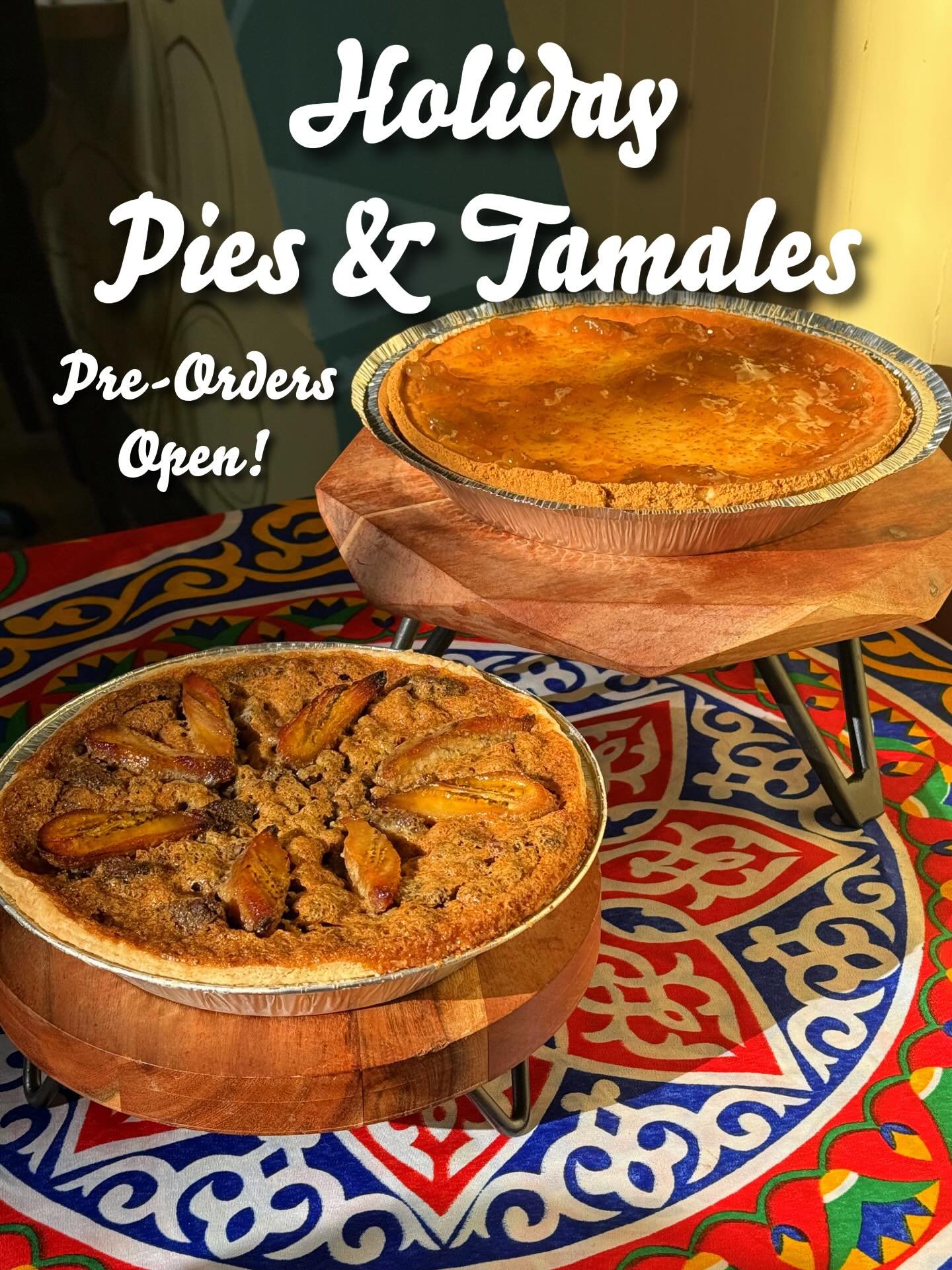 Christmas and Holiday Pre-Orders are live! 

🥧 Pay de Queso - Mexican Cheesecake pie, dulce de leche fig jam, Maria cookie crust. This one is a new team favorite!
🥧 Pecan &amp; Plantain Pie - Fall spices, jus de gingembre glaze, classic pie crust; 