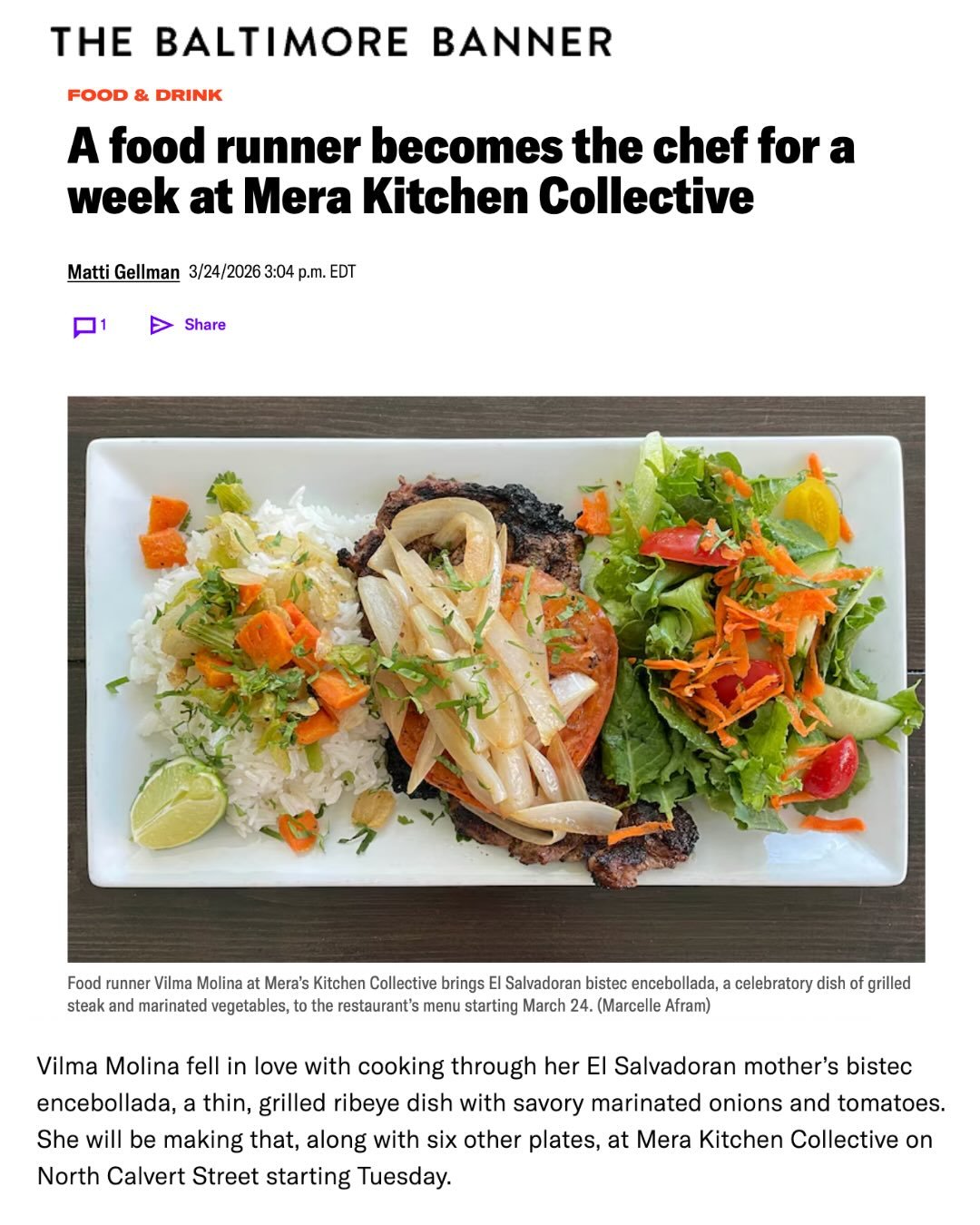 Thank you so much to Matti and @baltimorebanner! We&rsquo;re so excited about this series and loved the opportunity to share more about it. Vilma&rsquo;s menu runs through Saturday, and is available for dine-in and take out so don&rsquo;t miss your o