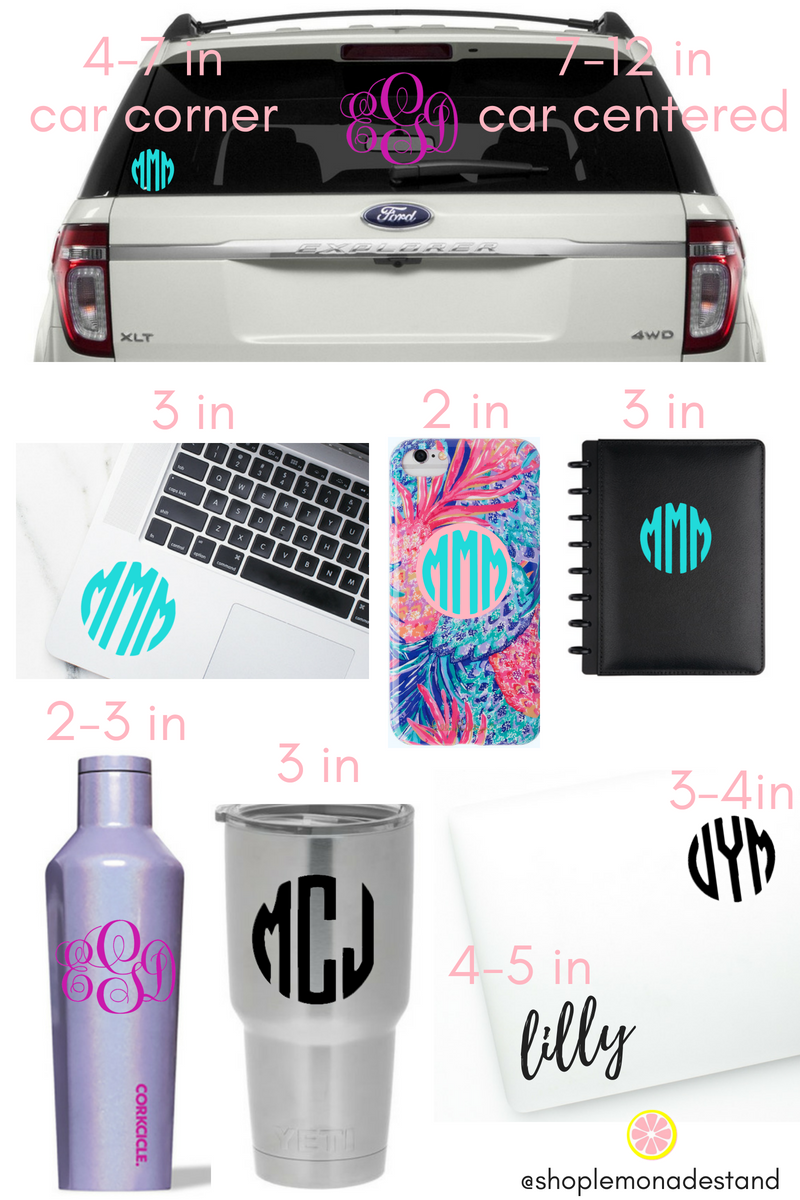 Monogram Decal Size Chart