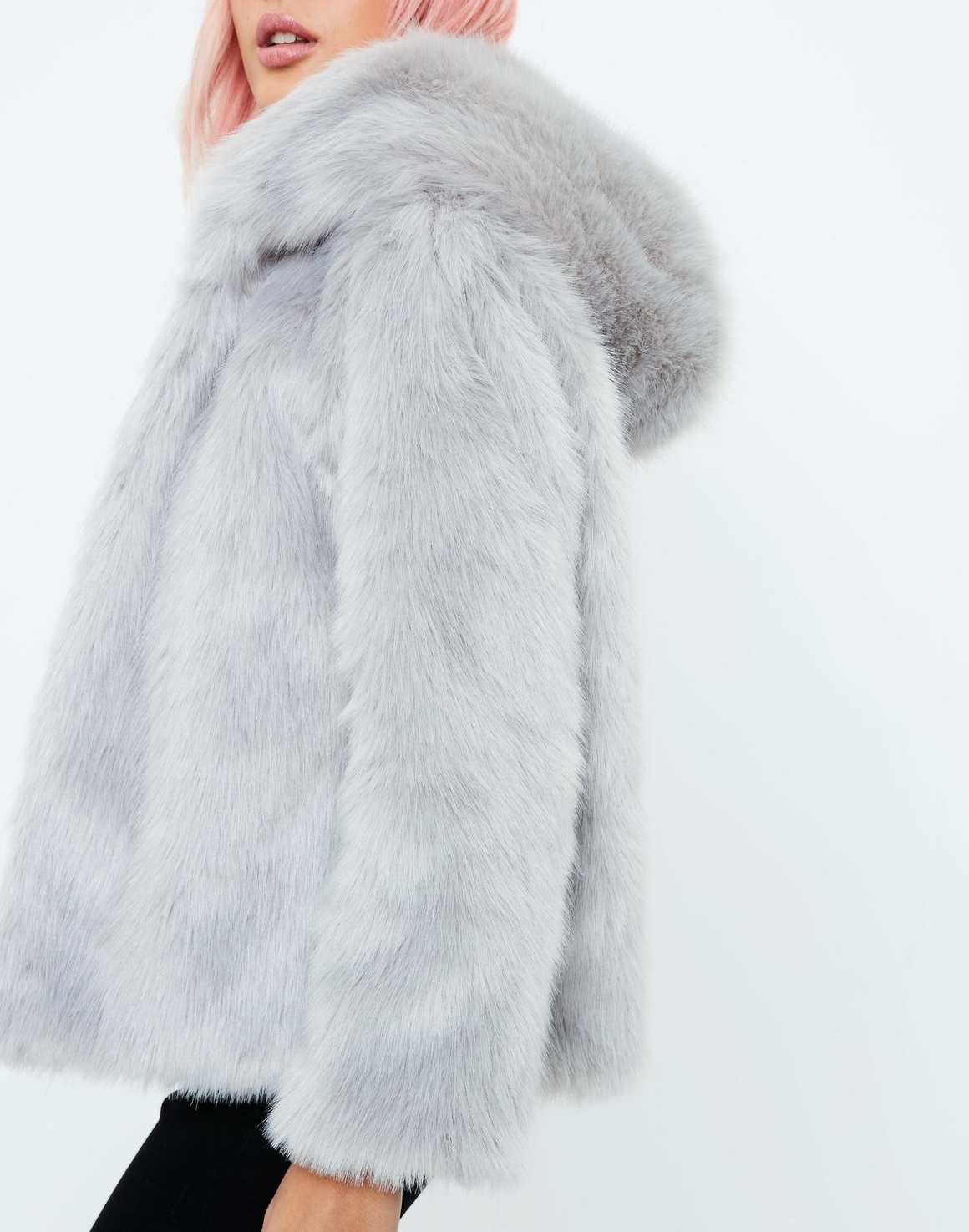  Hooded Faux Fur Coat in Gray  