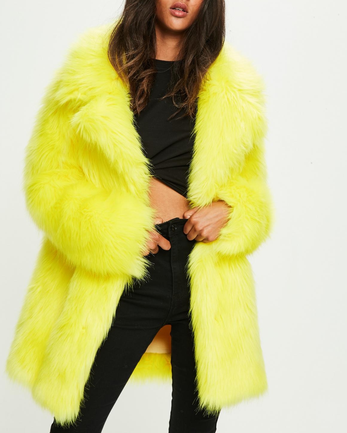  Medium Lapels Faux Fur Coat in Neon Yellow 