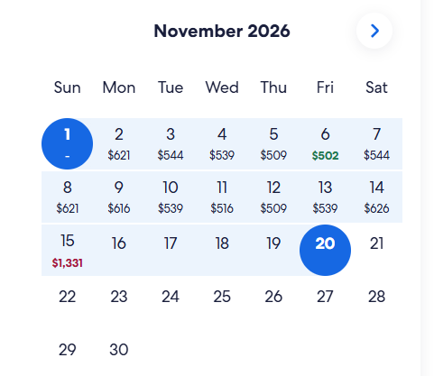 November 2026 airfare sale as found on Expedia