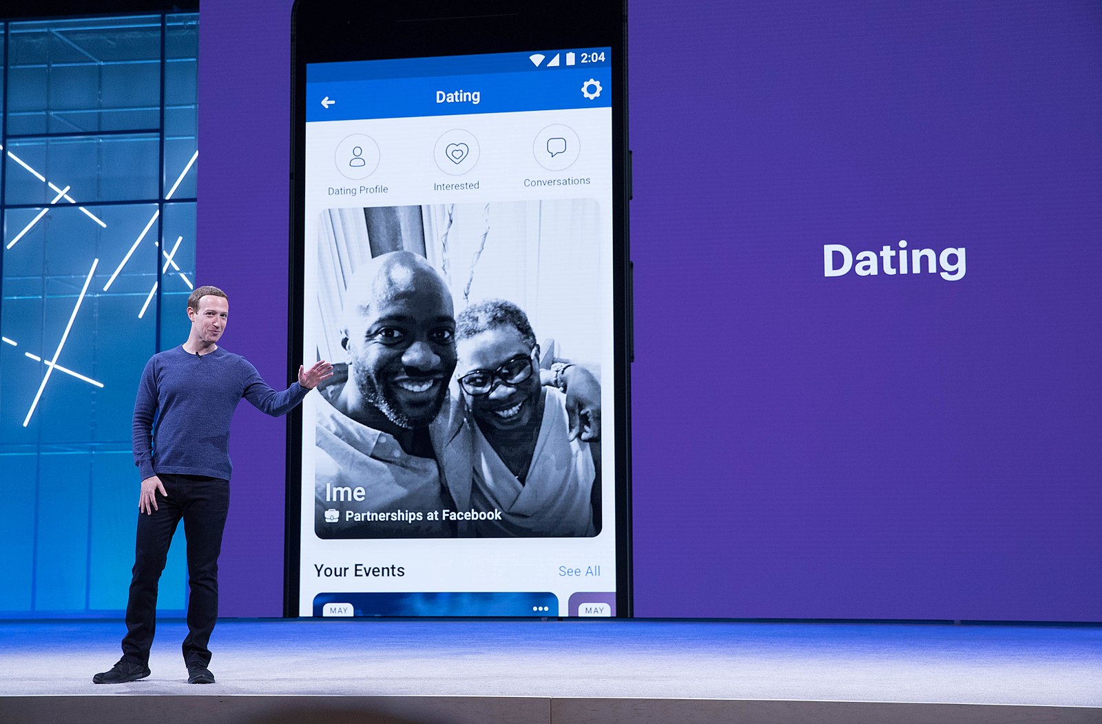 Mark Zuckerberg introducing “Dating” at the Facebook F8 conference.