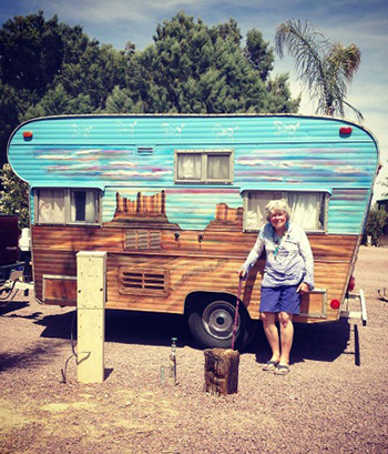 Arlene, a member of Sisters On The Fly, traveling on Route 66.