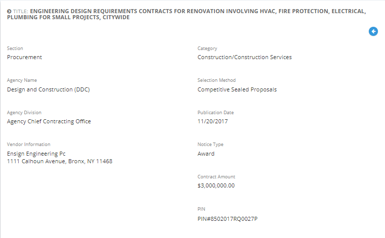 Ensign Engineering, P.C. awarded with the Engineering Design Requirements Contracts for Renovation Projects.