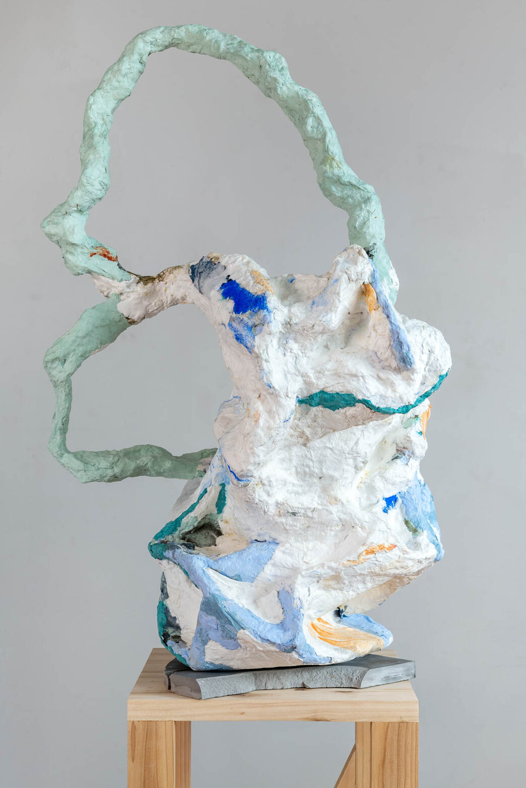 Looking On 65" x 15" x 14" handmade paper, pulp paint, fabric, paper mache, wood, plaster, 2021