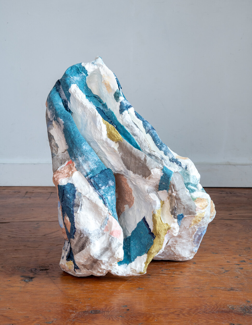 Till 23" x 16" x 16" handmade paper, paper mache, denim, 2020