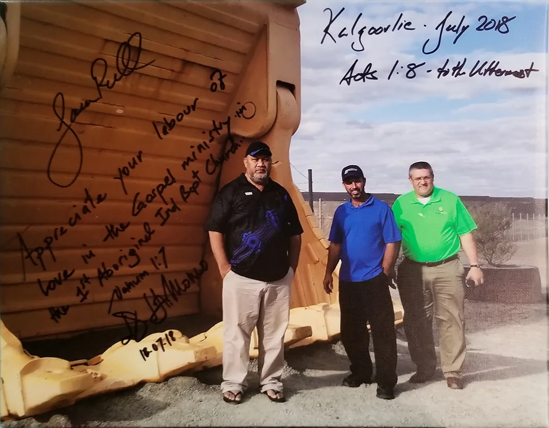 Pastor Dala Momo, Missionary Jason Russell, Dr. Doug Brandenburg at the gold mine in Kalgoorle-Boulder, Western Australia