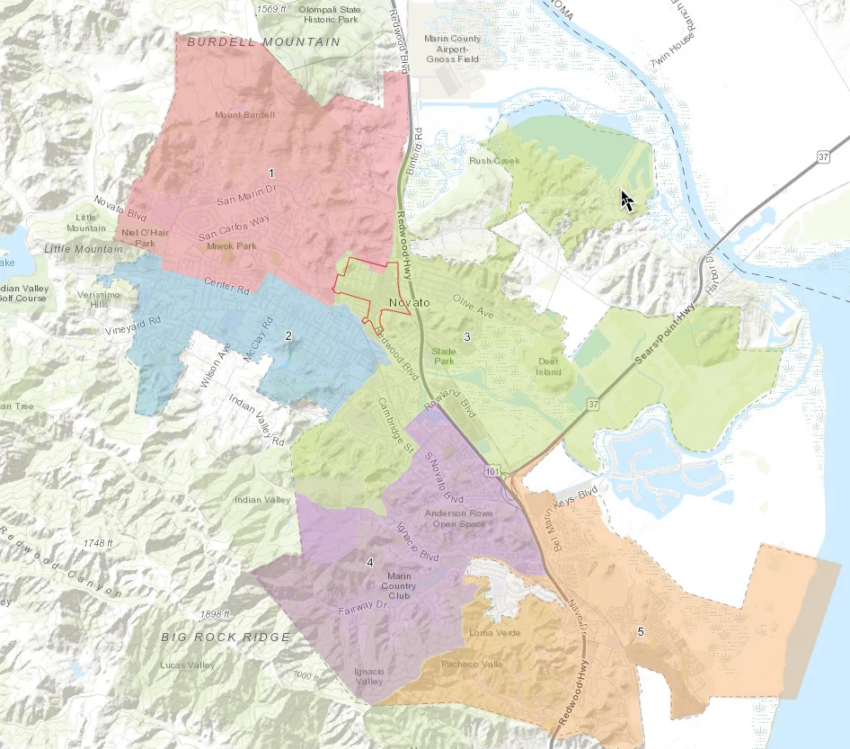 The district in green is Novato’s “Downtown” district.