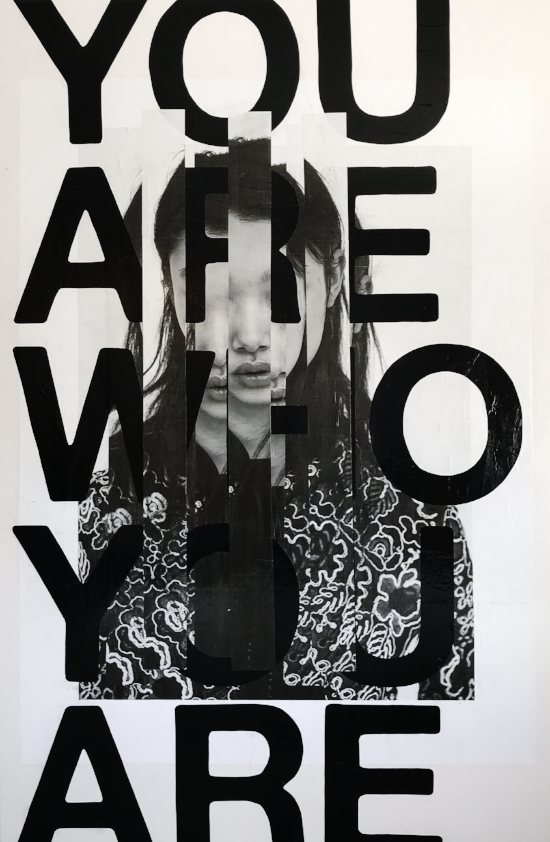 WHO ARE YOU, 2018  ACRYLIC AND PAPER ON WOOD  40X60" /  c/o mutti art projects