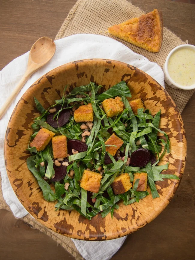 Collard Green Salad with Cornbread Croutons, Beets & Buttermilk Dressing