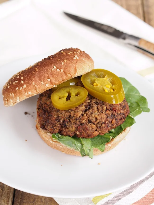 Spicy Lentil & Mushroom Veggie Burger and Vegan Sausage Hash