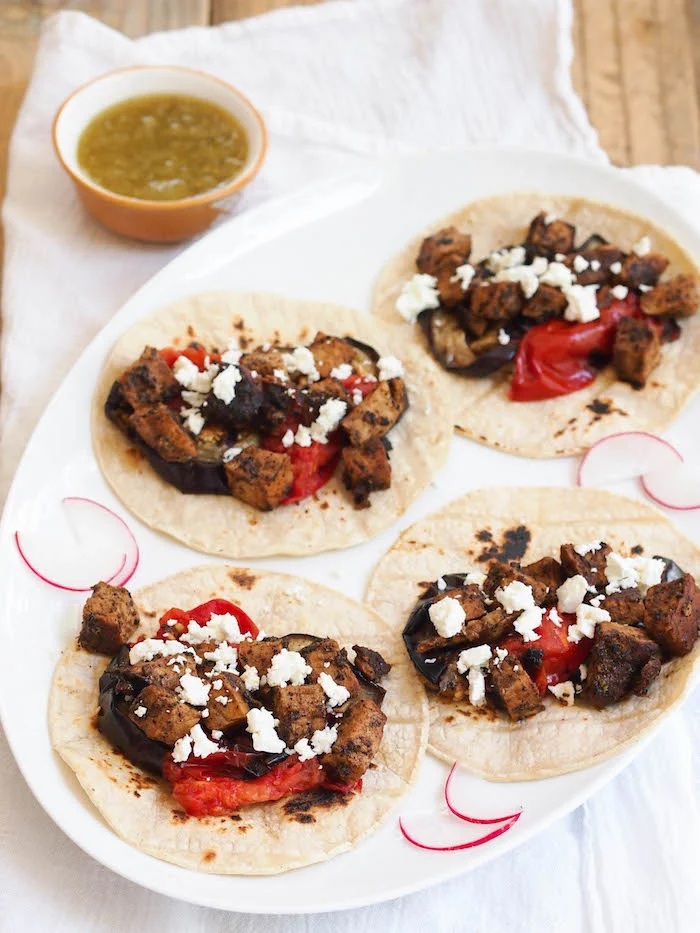 Grilled Pork Tacos with Charred Eggplant and Tomatoes