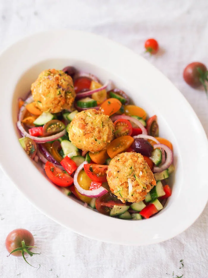 Zucchini Chickpea Balls with Chopped Greek Salad