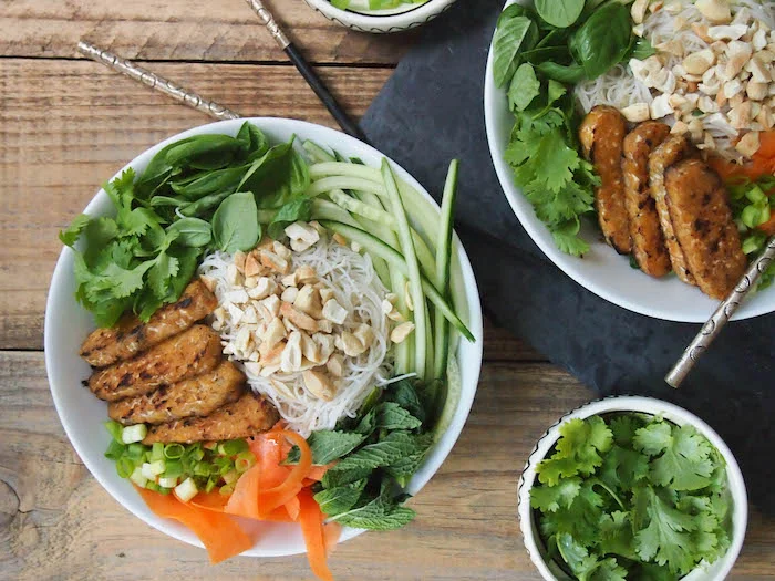 Vegan Vietnamese Brown Rice Noodle Salad with Sesame Tempeh