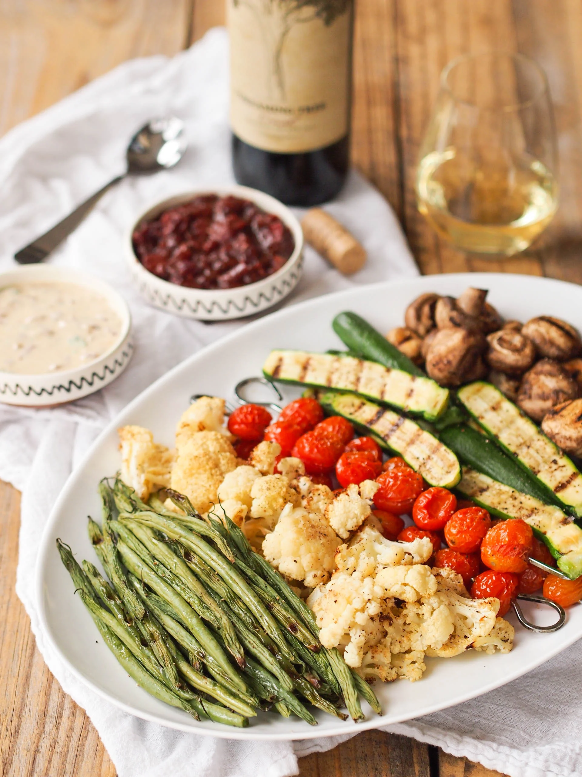 Grilled Vegetable Platter with Red Wine Tomato Jam and Caramelized Onion Buttermilk Dip