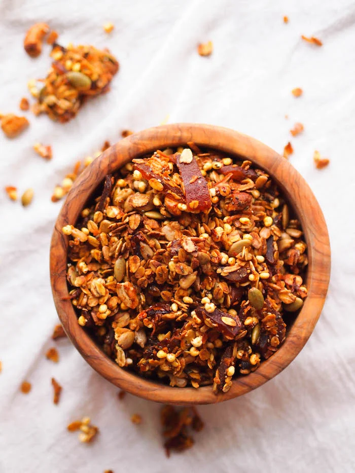 Savory Curry Coconut Granola with Chile Spiced Mango