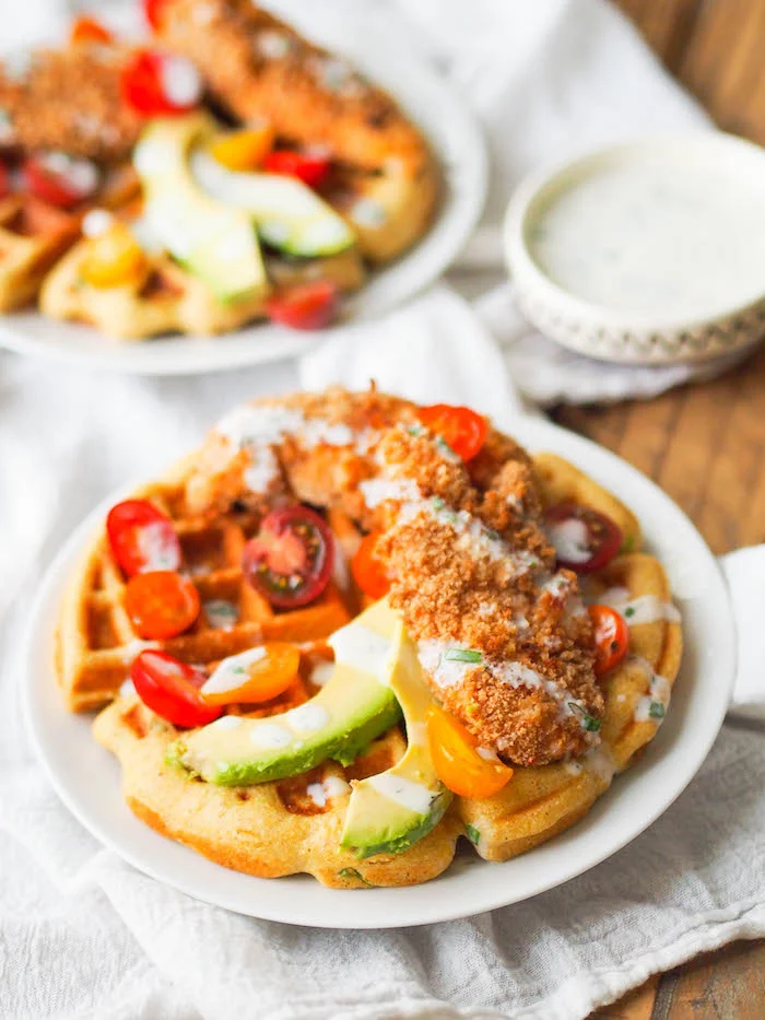Scallion Cornbread Waffles with Spicy Chicken and Homemade Ranch