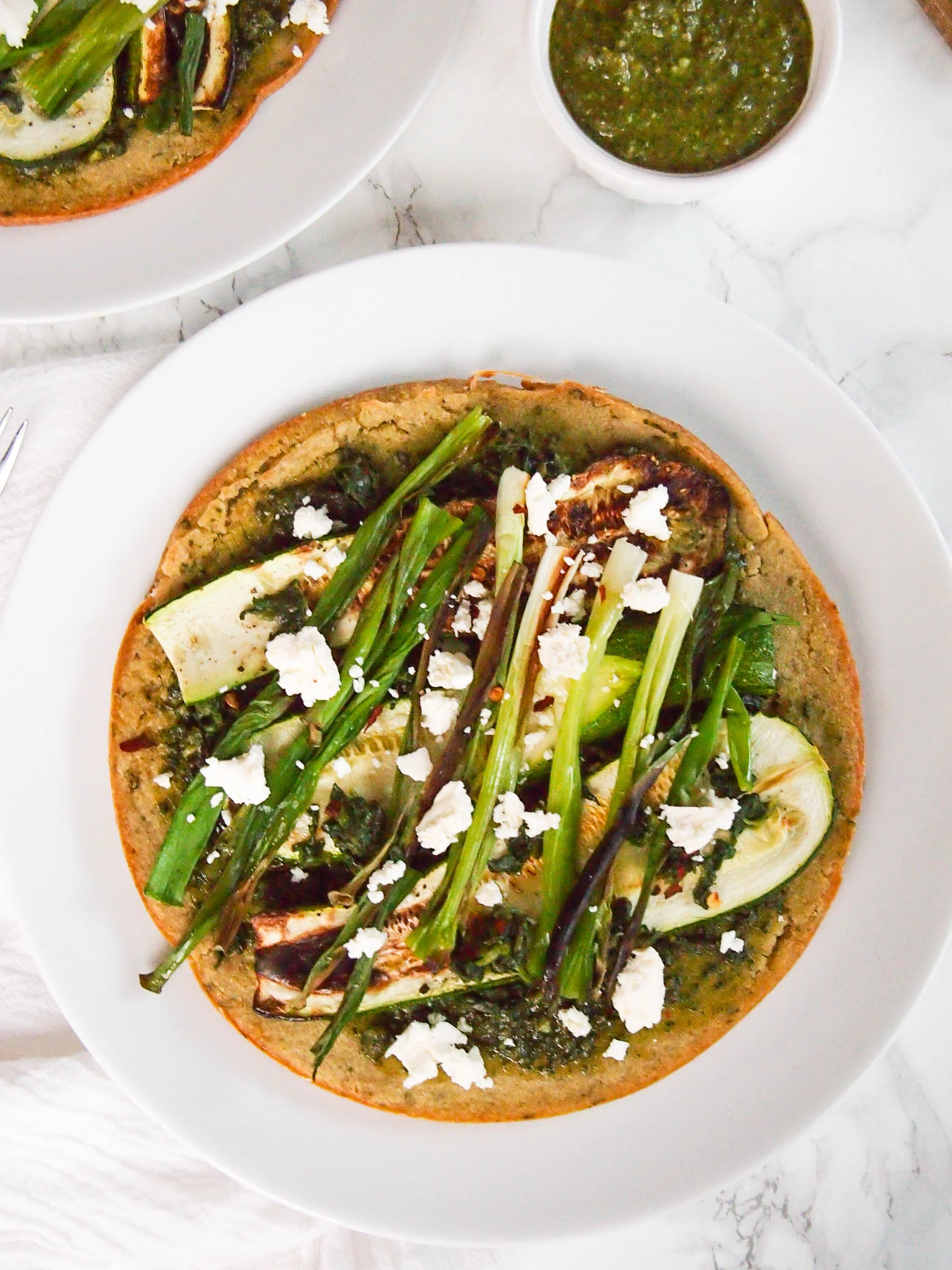 Millet and Quinoa Crust Pizza with Pesto, Spinach and Grilled Squash