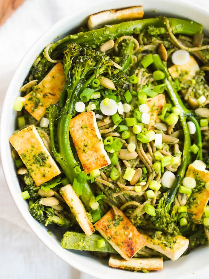 Vegan Cilantro Pesto Soba Noodle Bowl with Seared Tofu and Broccolini