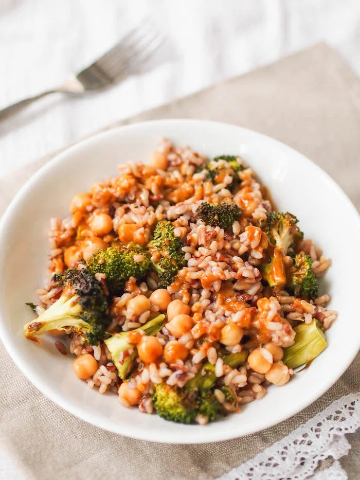 Broccoli, Chickpea and Brown Rice Bowl with Mustard-Soy Dressing Recipe