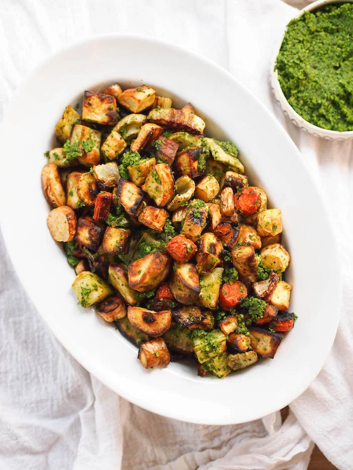 Roasted Fall Vegetables with Kale Hazelnut Pesto
