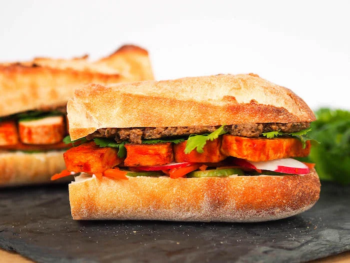 Tofu Banh Mi with Mushroom Pate and Quick Pickled Vegetables