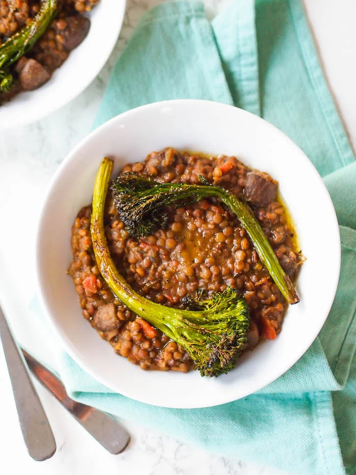 Creamy Lentils and Mushrooms with Roasted Broccolini Recipe