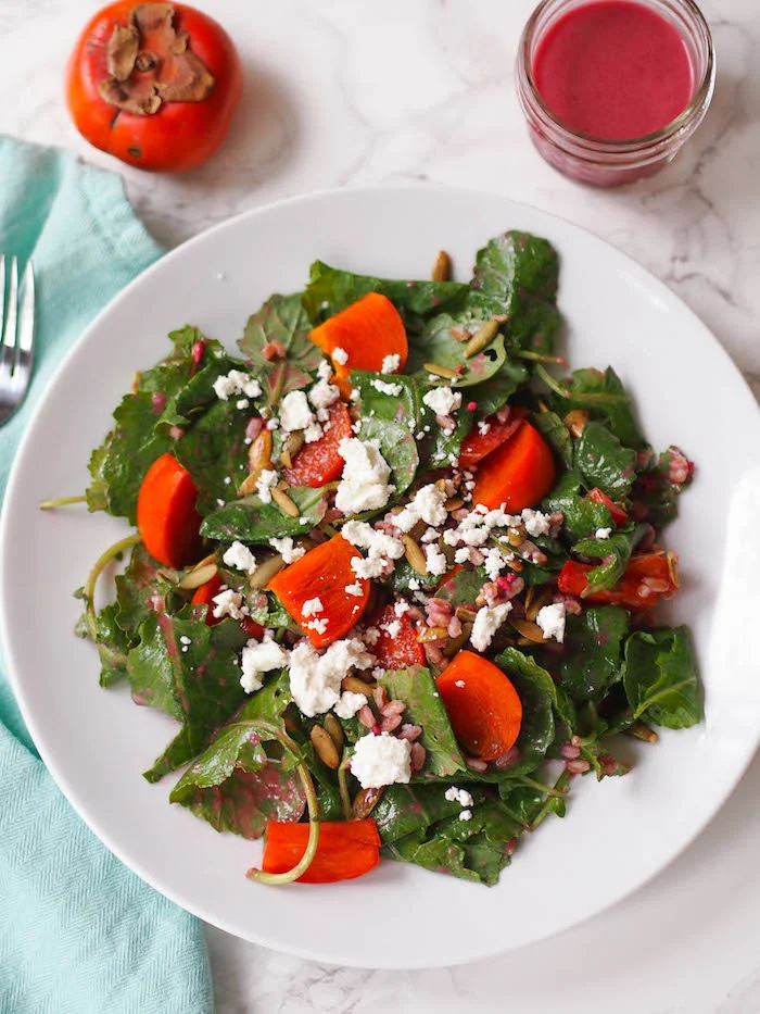 Persimmon Kale Salad with Pomegranate Dressing