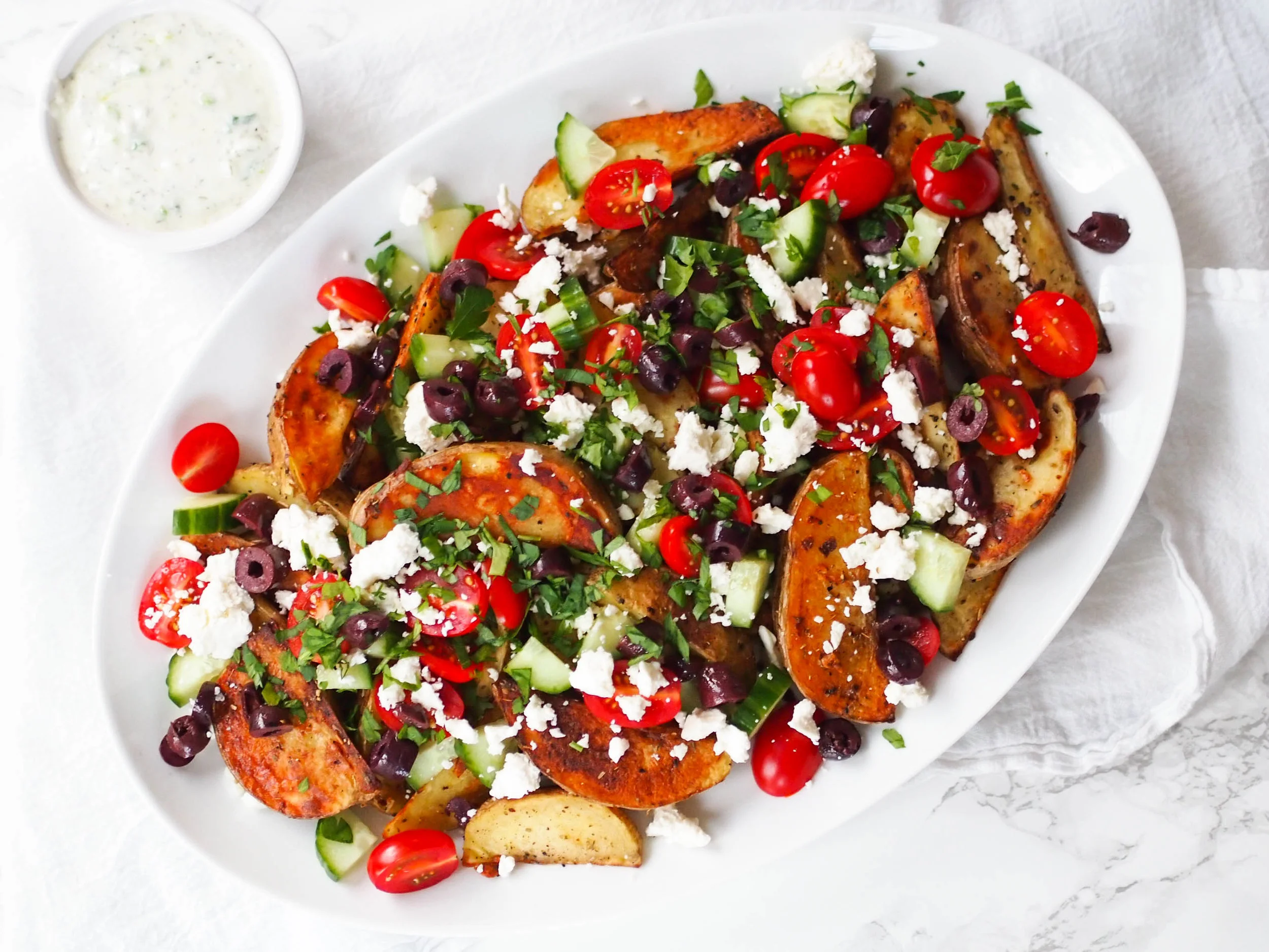 Vegetarian Loaded Greek Fries with Garlic-Scallion Dipping Sauce Recipe