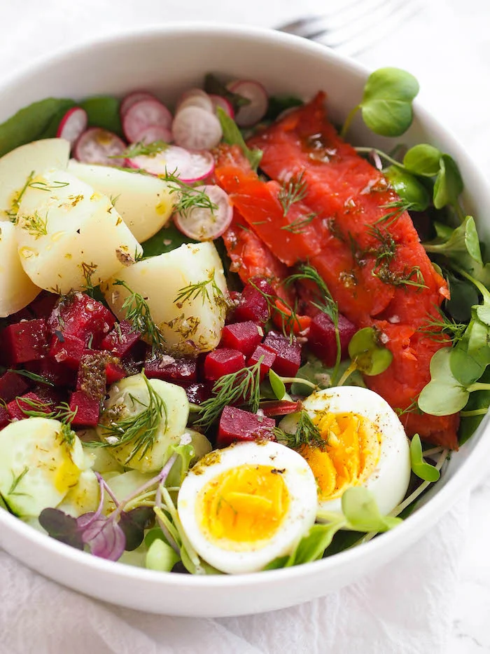 Nordic Salad with Smoked Salmon and Lemon-Dill Dressing