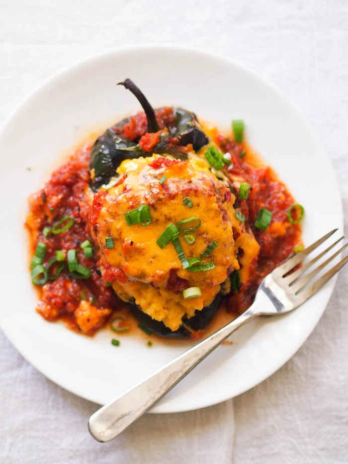 Cheese Grits Stuffed Poblanos with Tomato Gravy