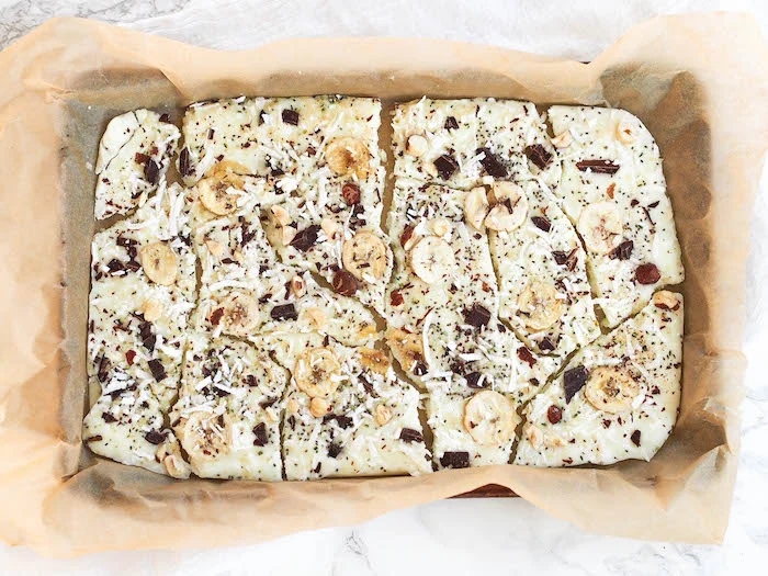 Frozen Yogurt Bark with Dark Chocolate, Bananas and Hazelnuts