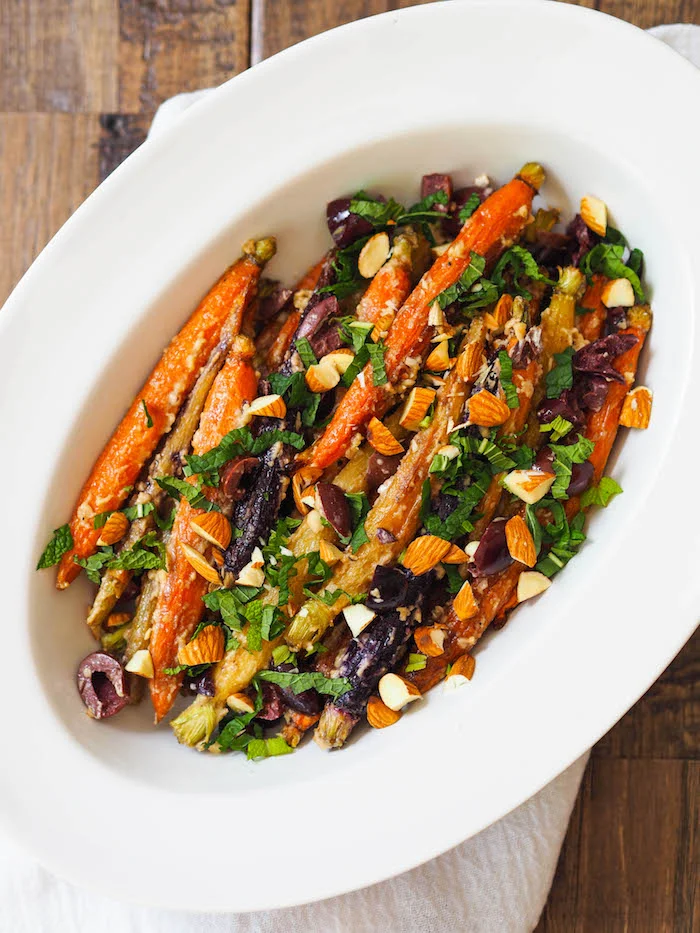 Roasted Carrots with Tahini, Black Olives and Mint