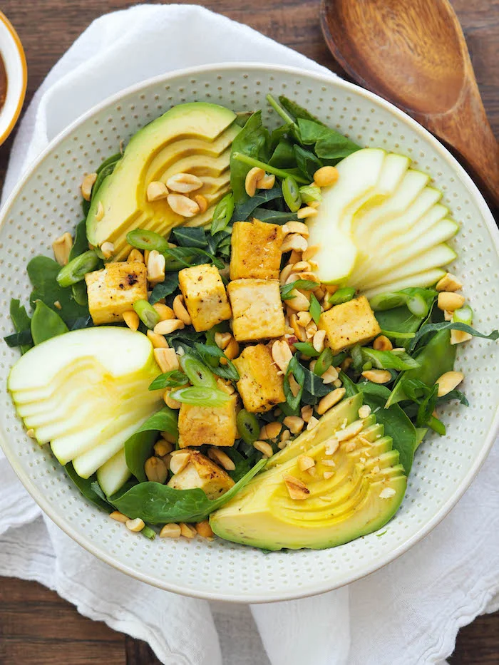 Spinach Salad with Baked Tofu, Snow Peas and Apples